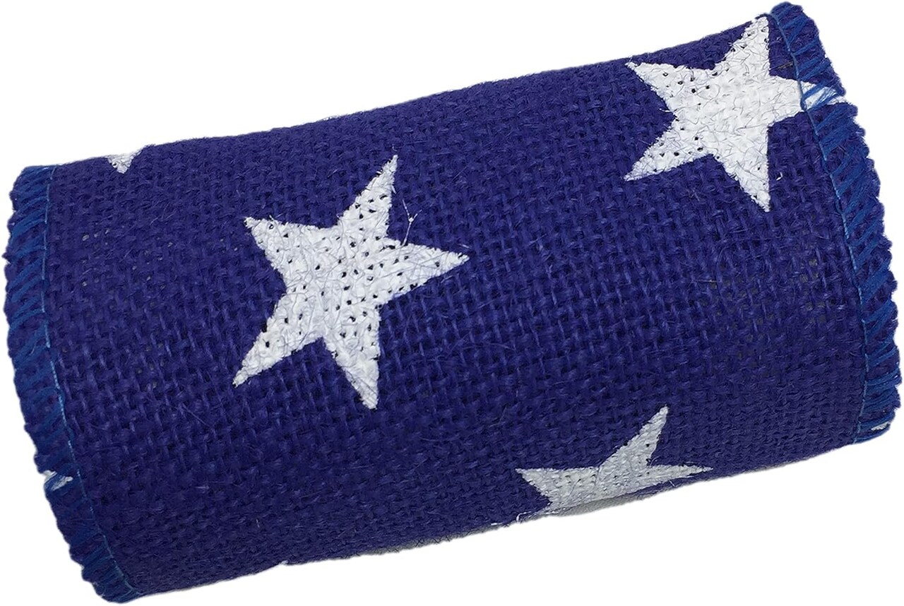 Navy Burlap Ribbon with White Star Print Patriotic-Ribbon Natural Jute and Eco-Friendly Product